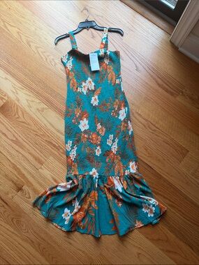 Teal Floral Smocked Midi Dress with Ruffle Hem